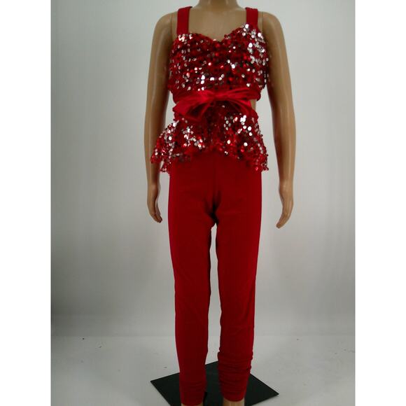 Dance Costume Weissman Medium Child Red Jumpsuit Jazz Sequin Cut Out Pageant - Picture 1 of 4
